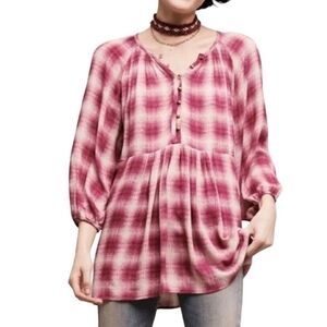 Maeve Plaid Babydoll Blouse in Maroon and Cream